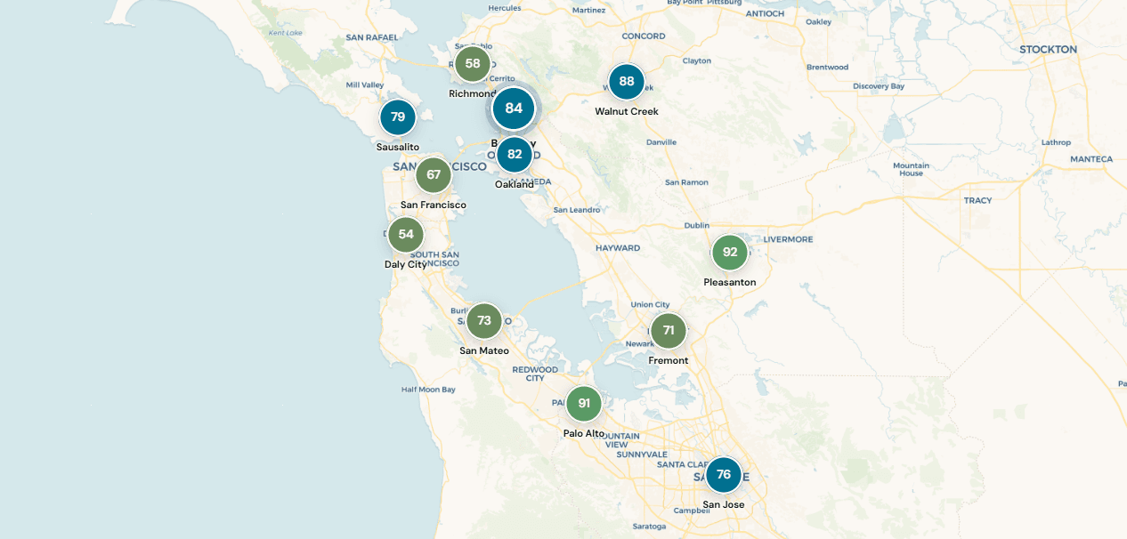 MuniSpot interactive map of San Francisco Bay Area municipalities color-coded by MuniScore